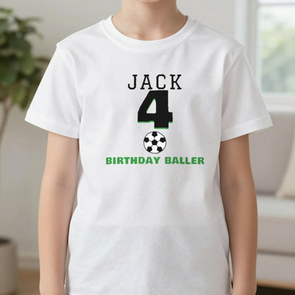 Kids Personalised Football Birthday T-Shirt T-Shirt in White, worn, our photo