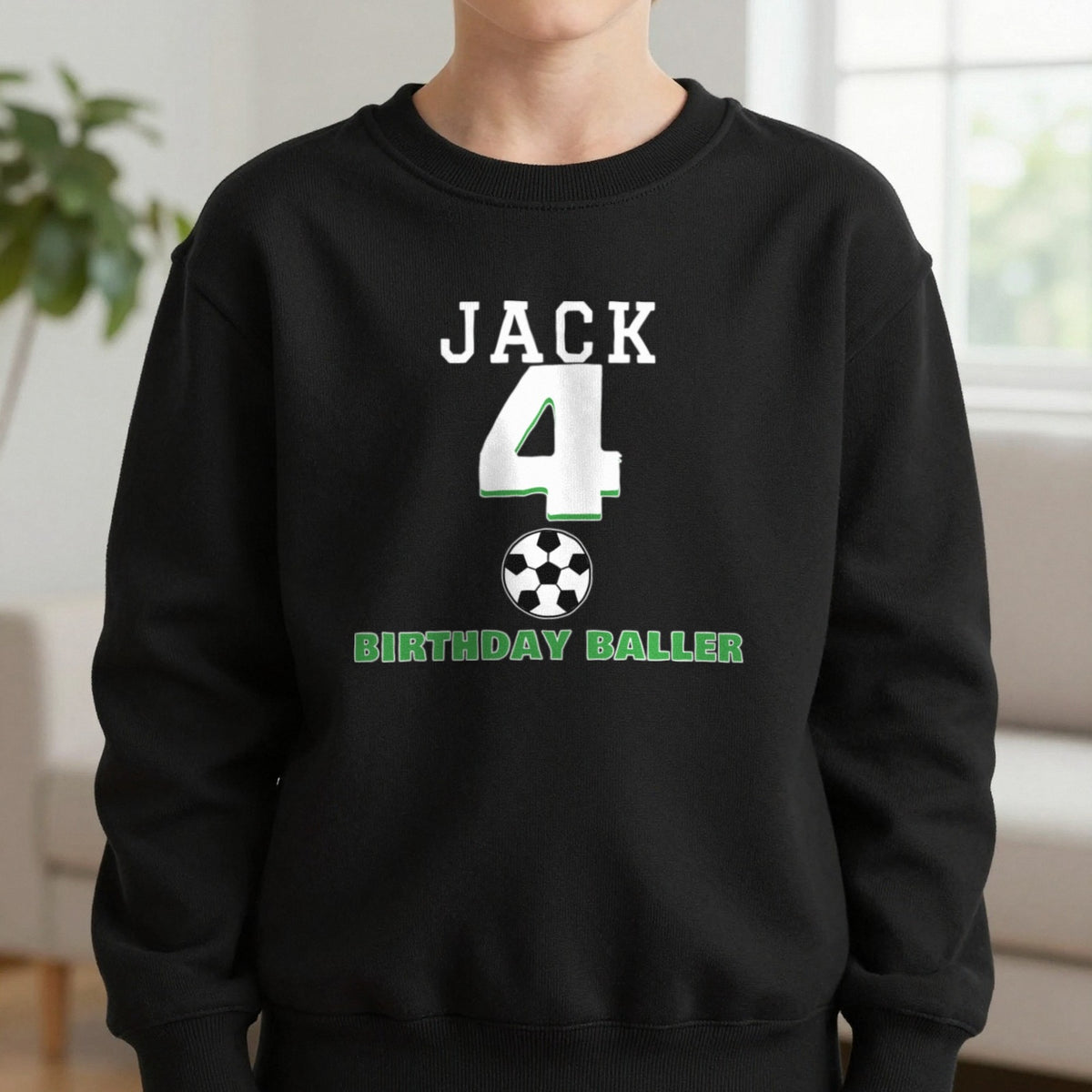 Kids Personalised Football Birthday T-Shirt Sweatshirt in Black, worn, our photo
