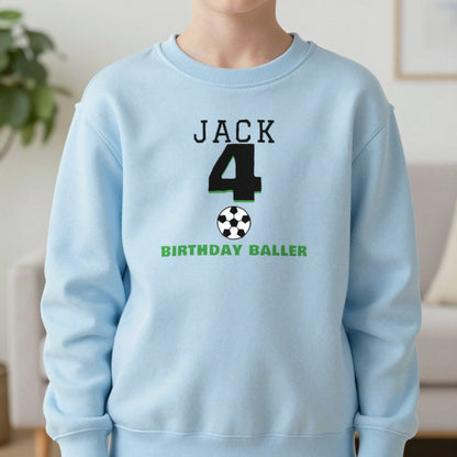 Kids Personalised Football Birthday T-Shirt Sweatshirt in Light Blue, worn, our photo