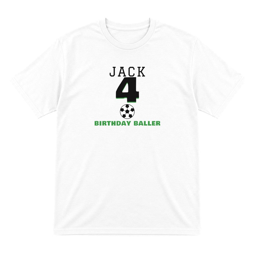 Kids Personalised Football Birthday T-Shirt laid flat