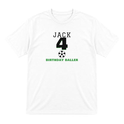 Kids Personalised Football Birthday T-Shirt laid flat