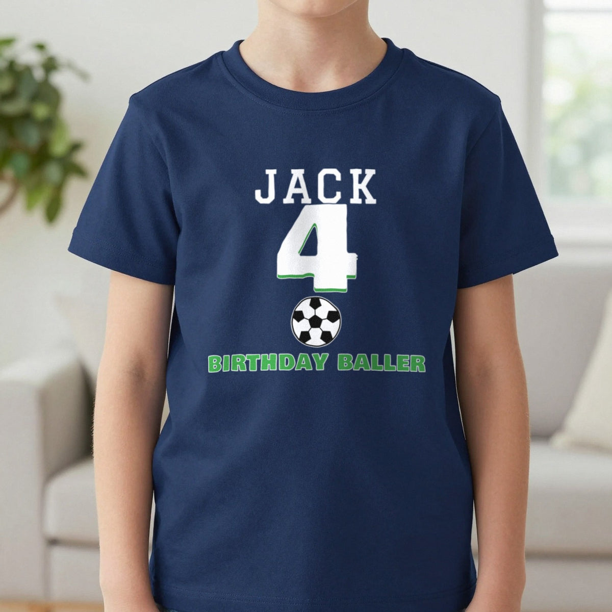 Kids Personalised Football Birthday T-Shirt T-Shirt in Navy, worn, our photo