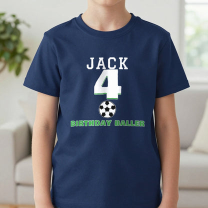 Kids Personalised Football Birthday T-Shirt T-Shirt in Navy, worn, our photo