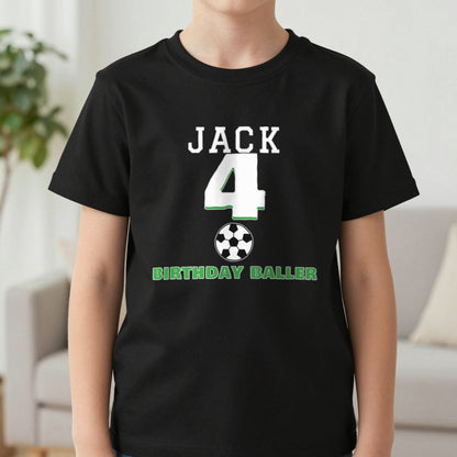 Kids Personalised Football Birthday T-Shirt T-Shirt in Black, worn, our photo