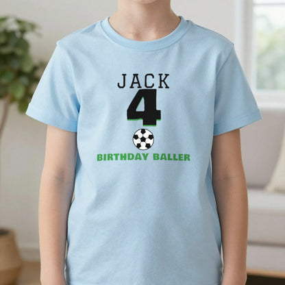 Kids Personalised Football Birthday T-Shirt T-Shirt in Light Blue, worn, our photo
