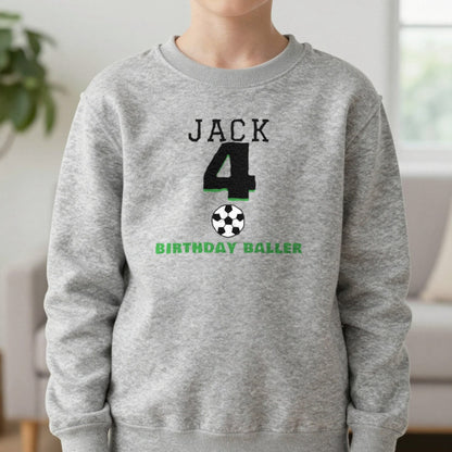 Kids Personalised Football Birthday T-Shirt Sweatshirt in Sport Grey, worn, our photo