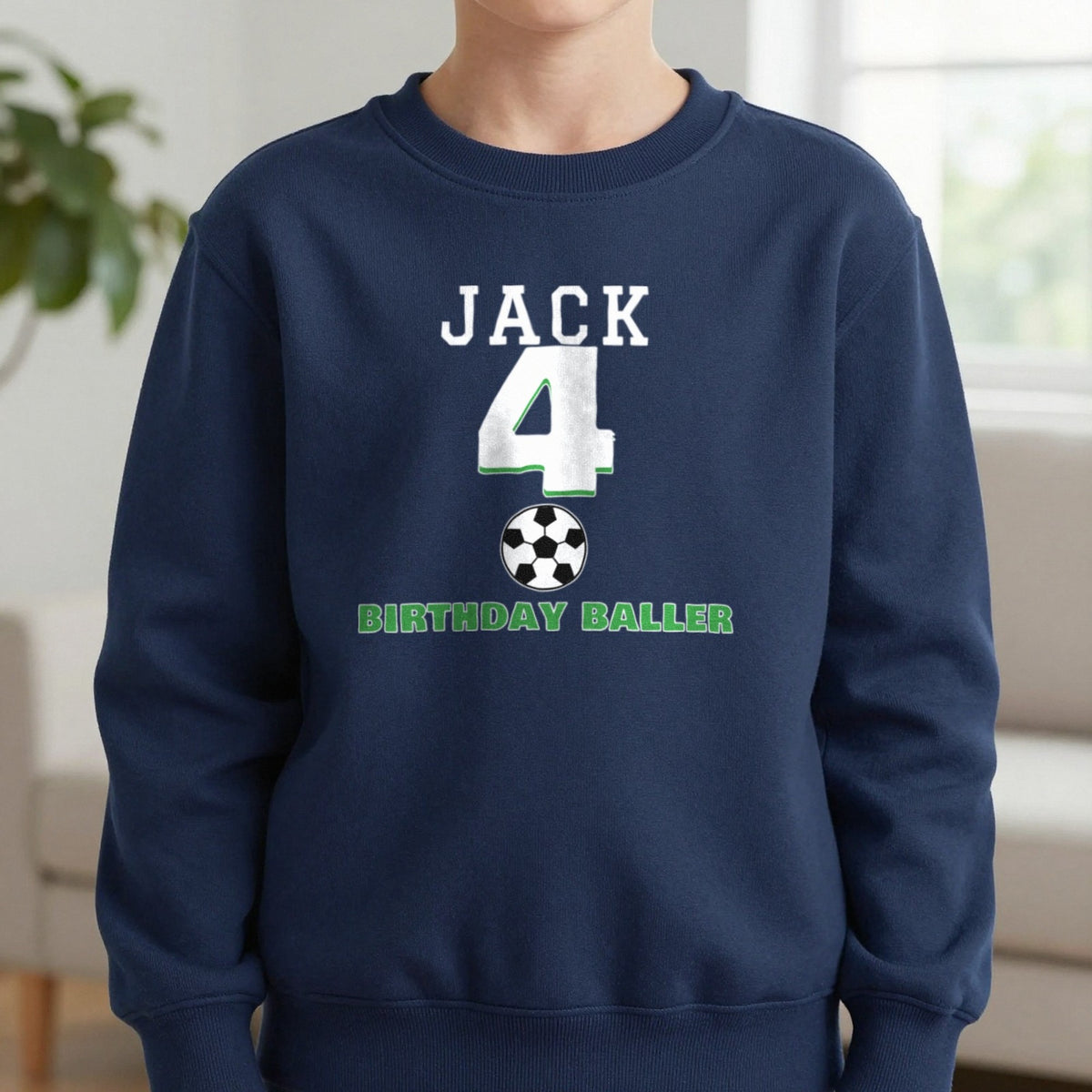 Kids Personalised Football Birthday T-Shirt Sweatshirt in Navy, worn, our photo