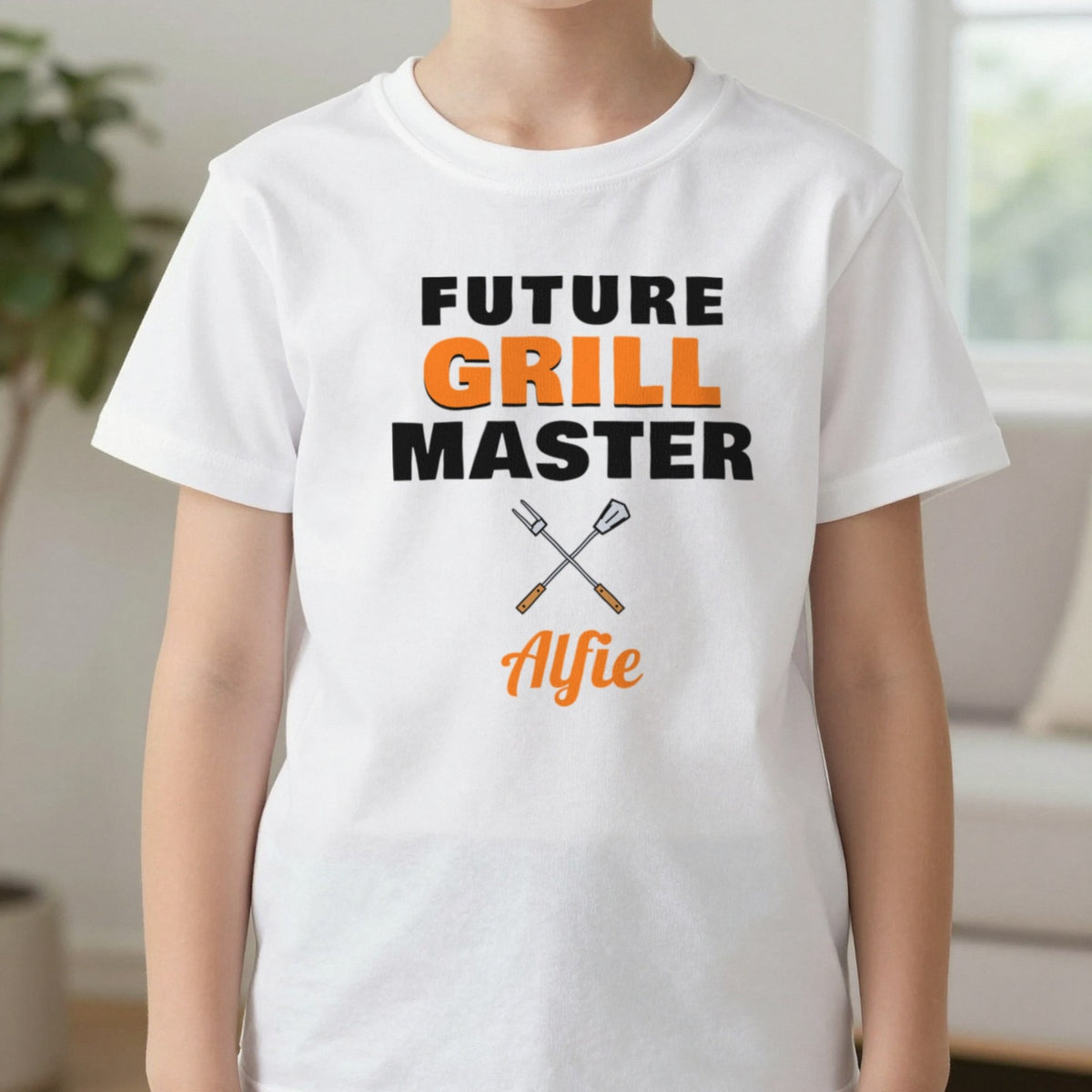 Kids Personalised Future Grill Master T-Shirt & Sweatshirt T-Shirt in White, worn, our photo