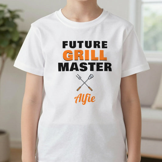 Kids Personalised Future Grill Master T-Shirt & Sweatshirt T-Shirt in White, worn, our photo