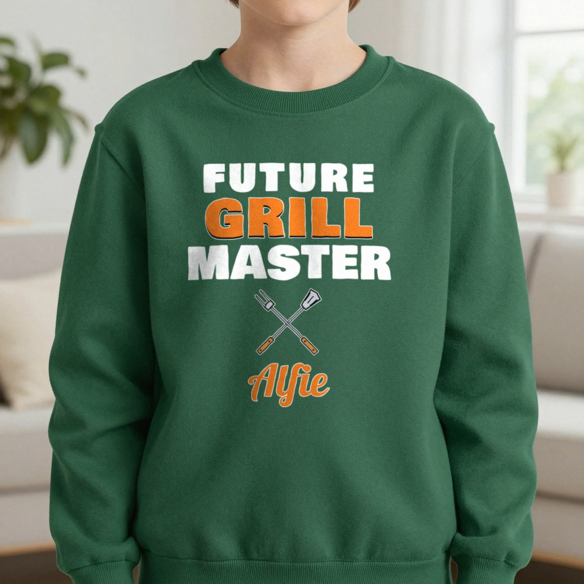 Kids Personalised Future Grill Master T-Shirt & Sweatshirt Sweatshirt in Forest Green, worn, our photo