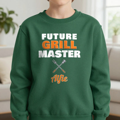 Kids Personalised Future Grill Master T-Shirt & Sweatshirt Sweatshirt in Forest Green, worn, our photo