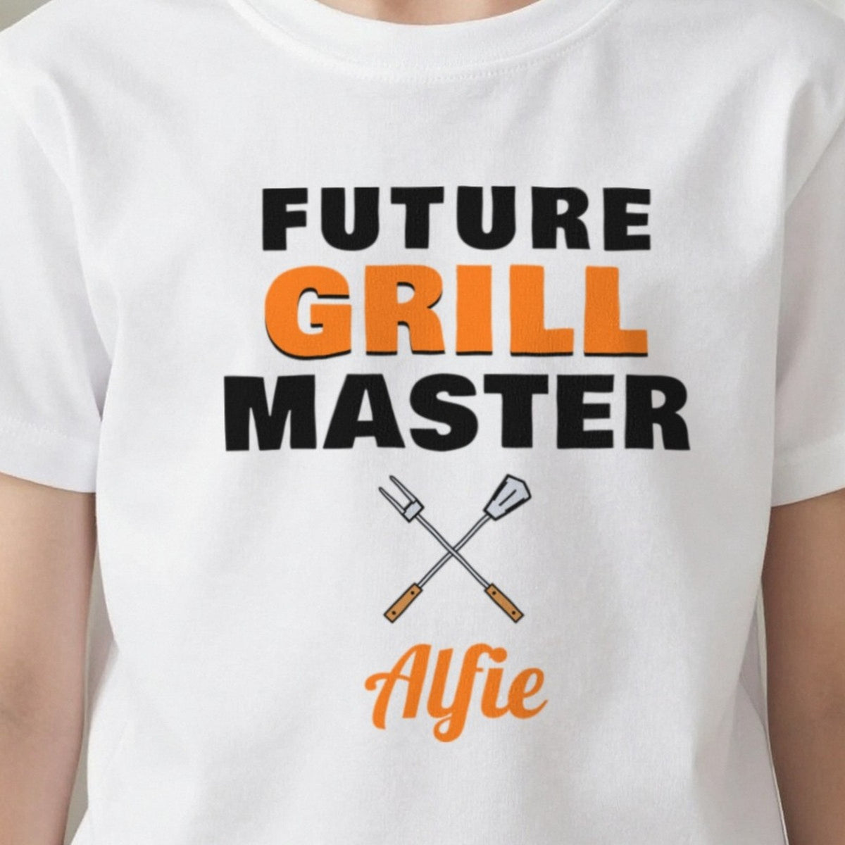 Kids Personalised Future Grill Master T-Shirt & Sweatshirt print close-up, our photo