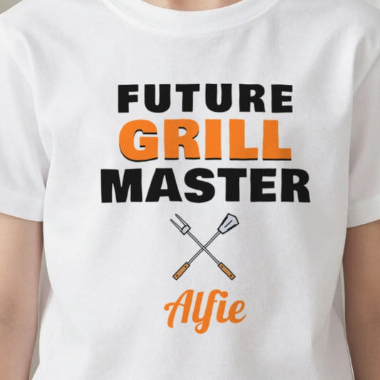 Kids Personalised Future Grill Master T-Shirt & Sweatshirt print close-up, our photo