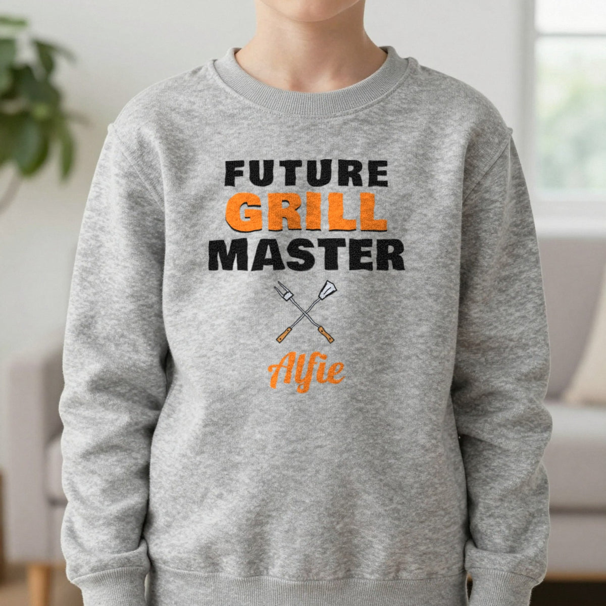 Kids Personalised Future Grill Master T-Shirt & Sweatshirt Sweatshirt in Sport Grey, worn, our photo