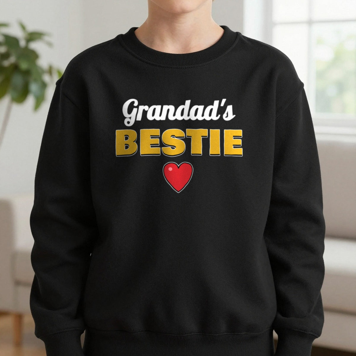 Kids Personalised Grandad's Bestie T-Shirt & Sweatshirt Sweatshirt in Black, worn, our photo