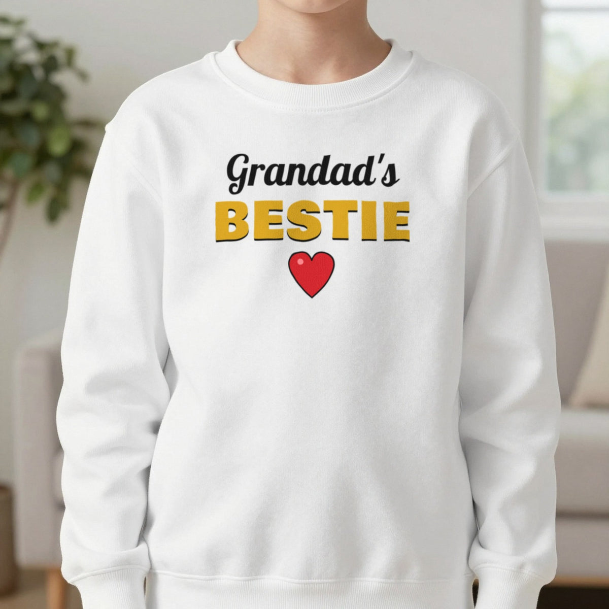 Kids Personalised Grandad's Bestie T-Shirt & Sweatshirt Sweatshirt in White, worn, our photo
