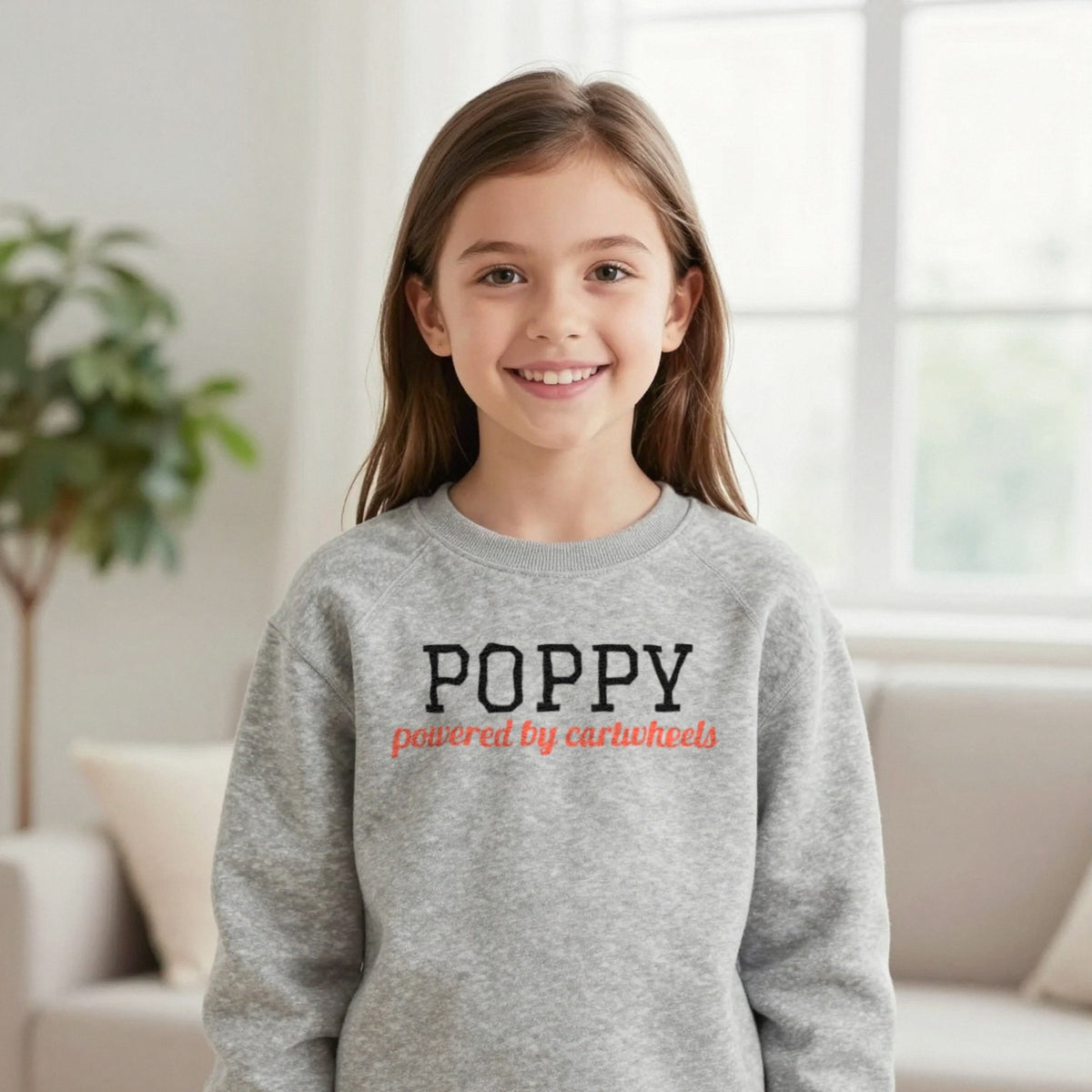 Kids Personalised Gymnastics Name T-Shirt & Sweatshirt Sweatshirt in Sport Grey, worn, our photo