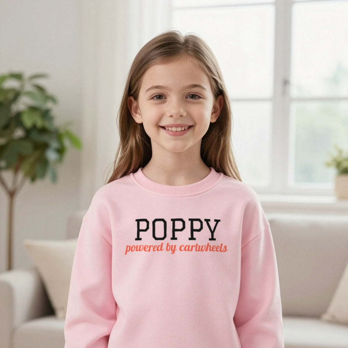 Kids Personalised Gymnastics Name T-Shirt & Sweatshirt Sweatshirt in Light Pink, worn, our photo