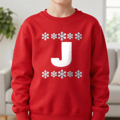 Kids Personalised Initial Christmas Jumper Sweatshirt in Red, worn, our photo