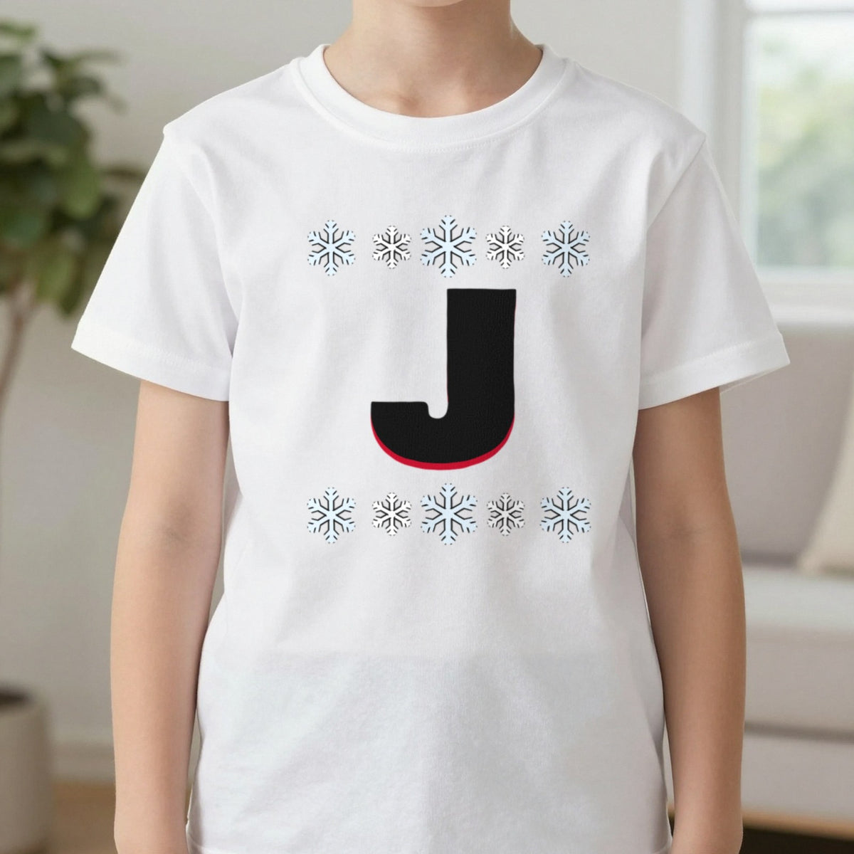 Kids Personalised Initial Christmas Jumper T-Shirt in White, worn, our photo