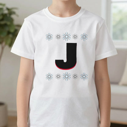 Kids Personalised Initial Christmas Jumper T-Shirt in White, worn, our photo