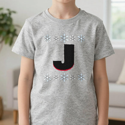 Kids Personalised Initial Christmas Jumper T-Shirt in Sport Grey, worn, our photo