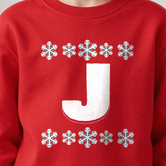 Kids Personalised Initial Christmas Jumper print close-up, our photo