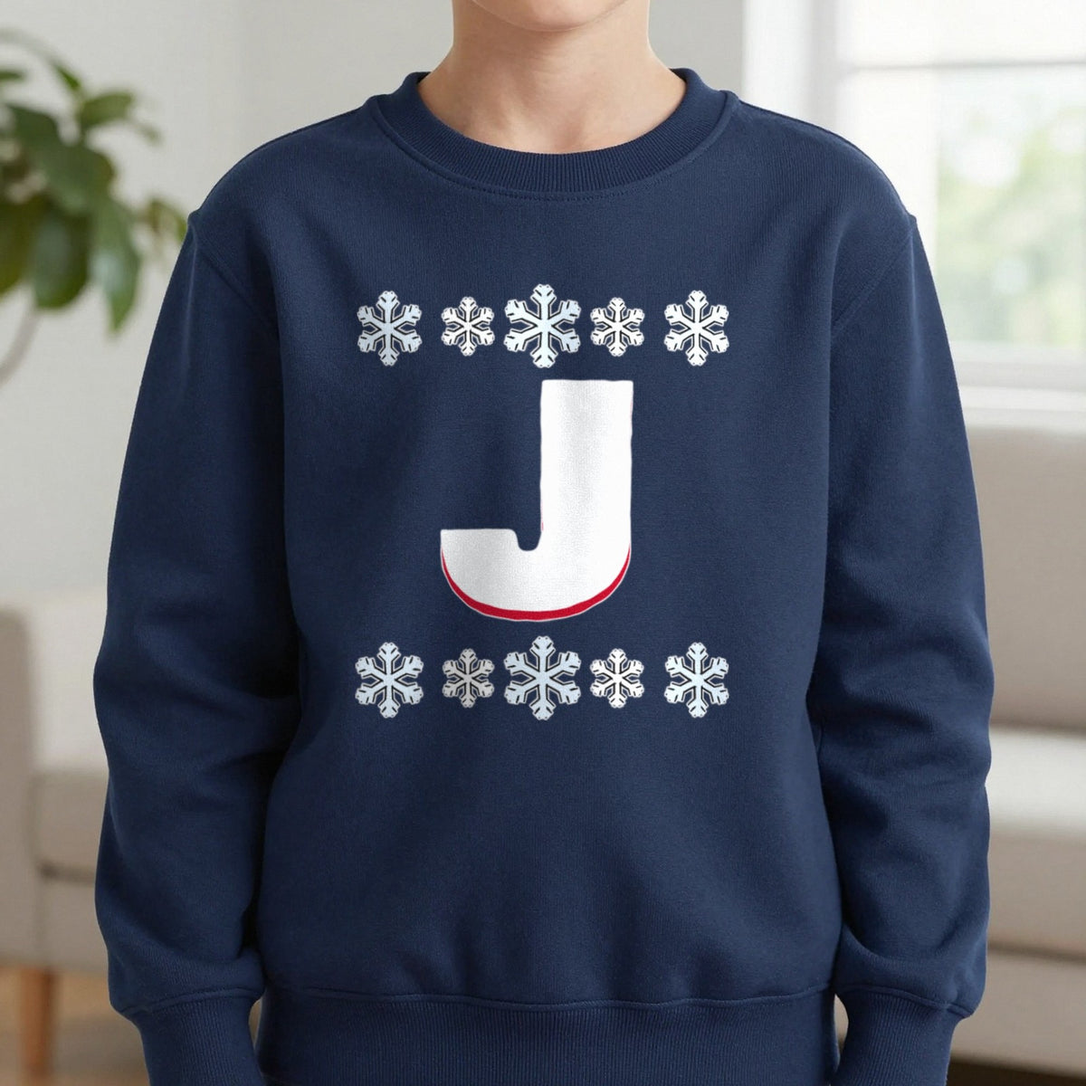 Kids Personalised Initial Christmas Jumper Sweatshirt in Navy, worn, our photo
