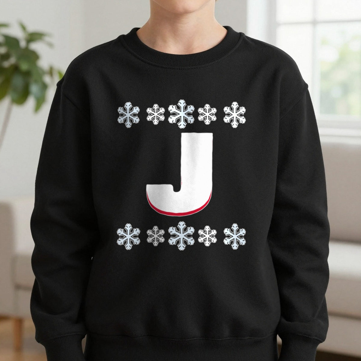 Kids Personalised Initial Christmas Jumper Sweatshirt in Black, worn, our photo
