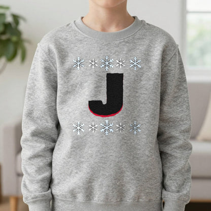 Kids Personalised Initial Christmas Jumper Sweatshirt in Sport Grey, worn, our photo