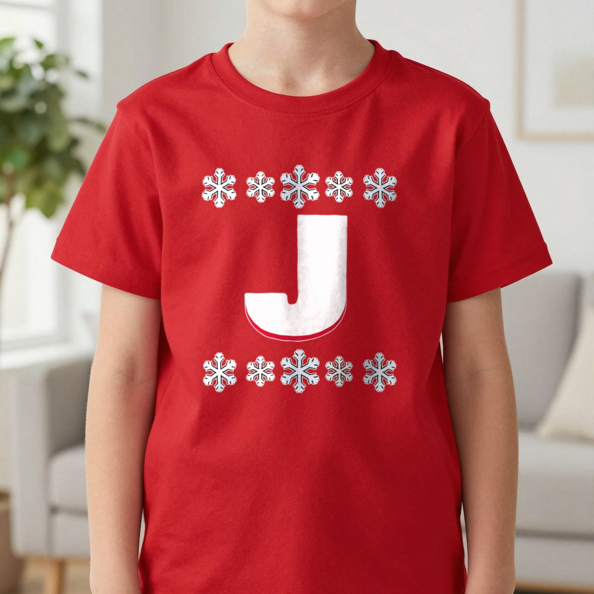 Kids Personalised Initial Christmas Jumper T-Shirt in Red, worn, our photo
