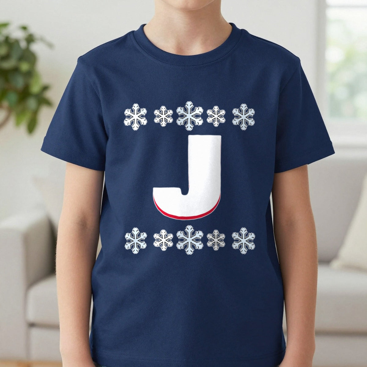 Kids Personalised Initial Christmas Jumper T-Shirt in Navy, worn, our photo