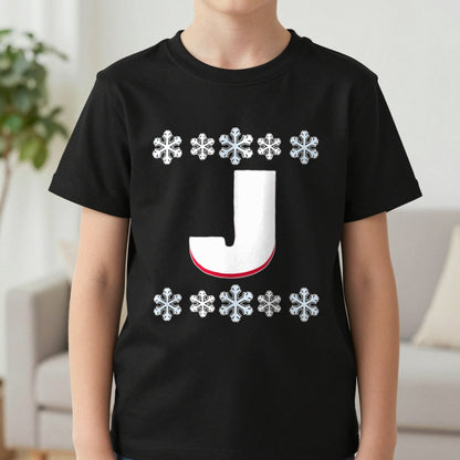 Kids Personalised Initial Christmas Jumper T-Shirt in Black, worn, our photo
