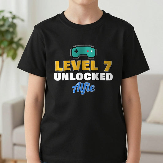 Kids Personalised Level Unlocked Birthday T-Shirt & Sweatshirt T-Shirt in Black, worn, our photo