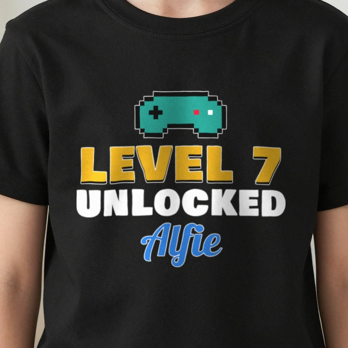 Kids Personalised Level Unlocked Birthday T-Shirt & Sweatshirt print close-up, our photo