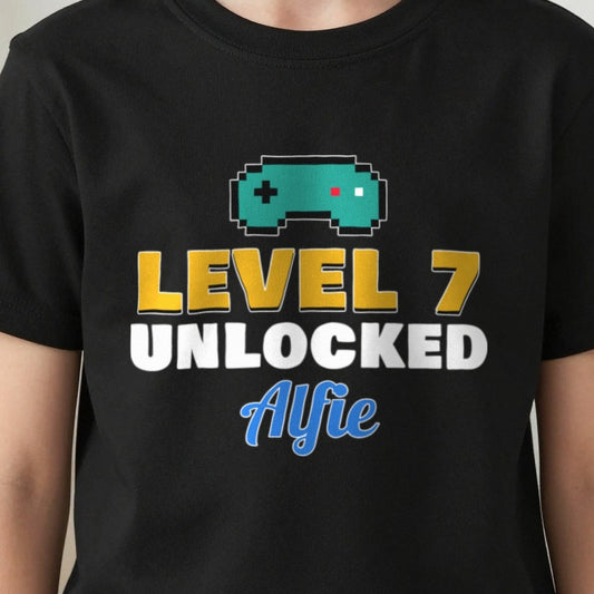 Kids Personalised Level Unlocked Birthday T-Shirt & Sweatshirt print close-up, our photo