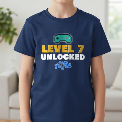 Kids Personalised Level Unlocked Birthday T-Shirt & Sweatshirt T-Shirt in Navy, worn, our photo