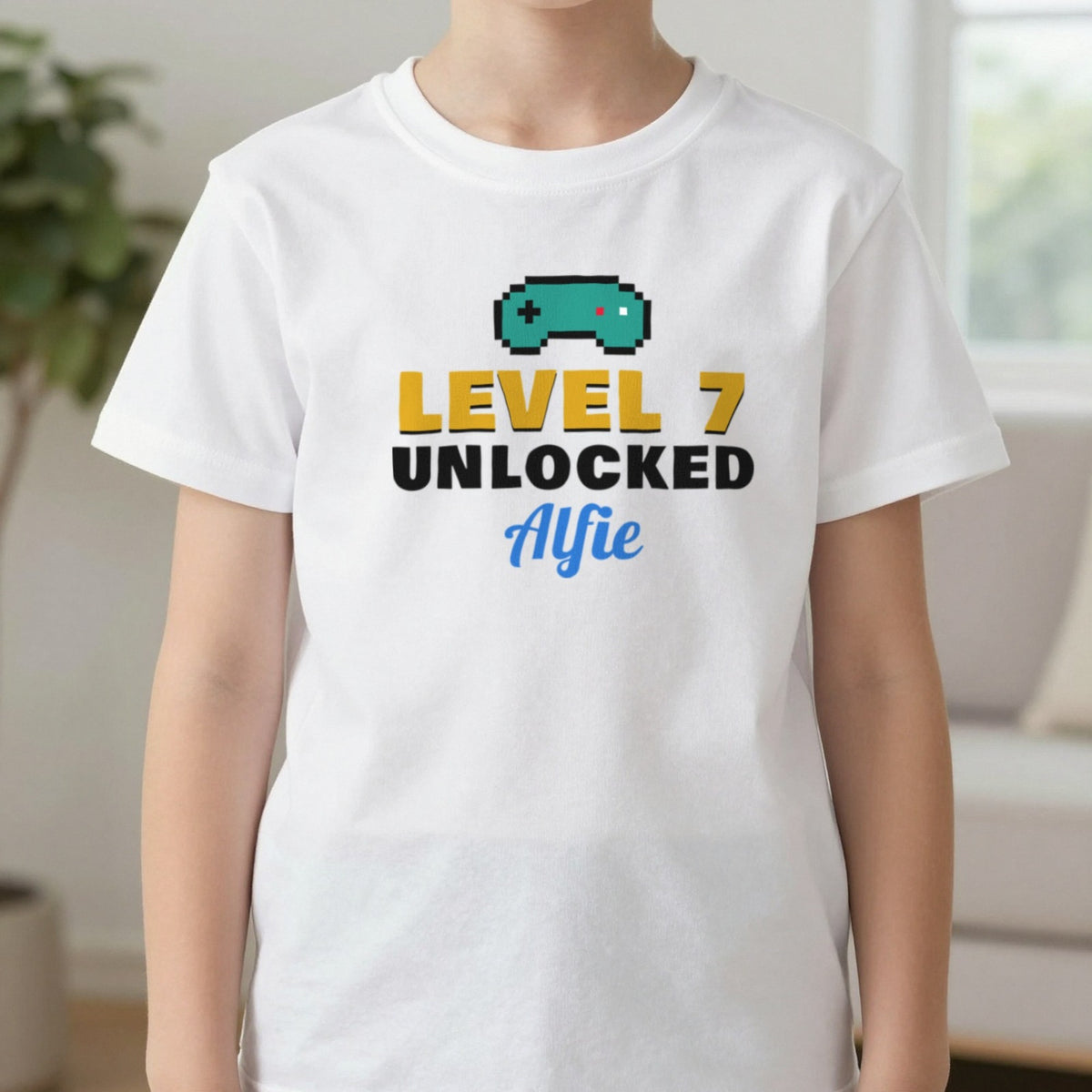 Kids Personalised Level Unlocked Birthday T-Shirt & Sweatshirt T-Shirt in White, worn, our photo