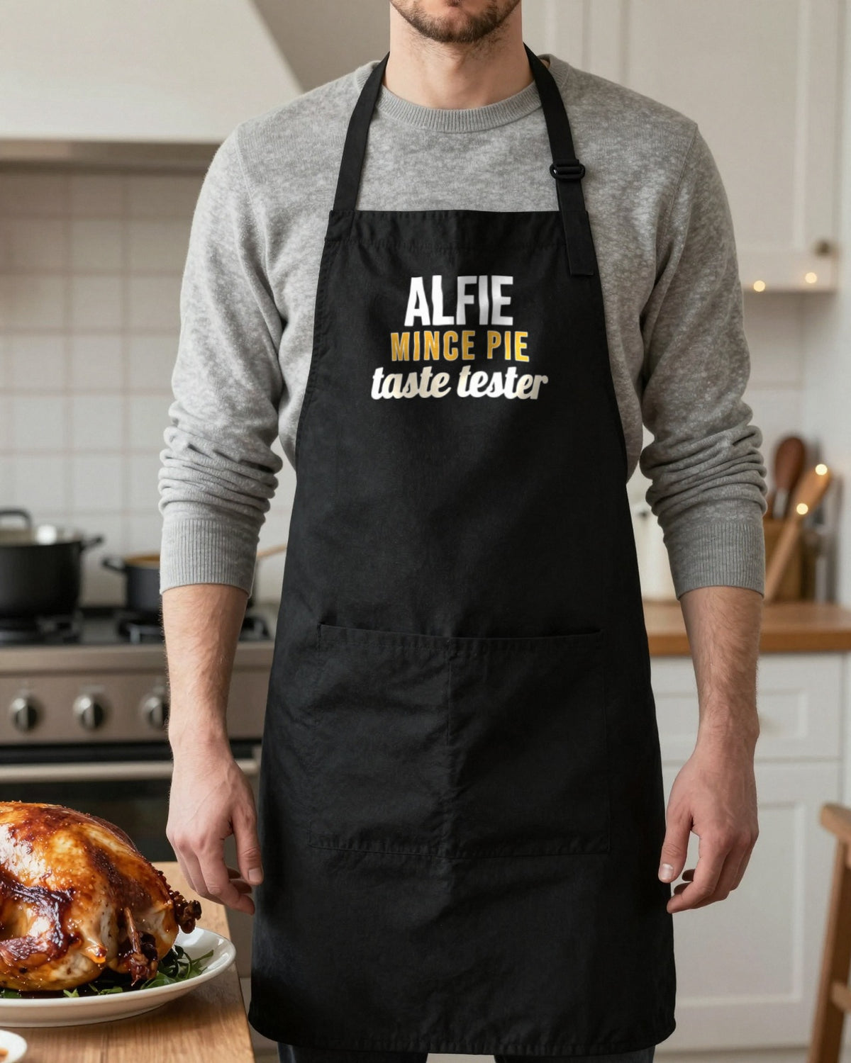 Kids Name Mince Pie Taste Tester Christmas apron in Black, worn, our photo