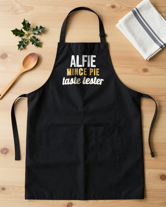 Kids Name Mince Pie Taste Tester Christmas apron laid flat
