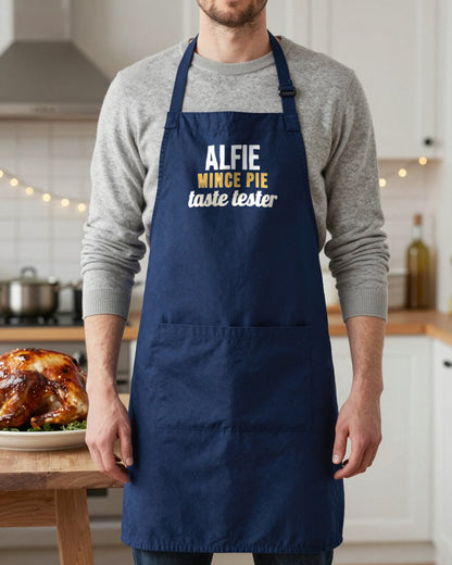 Kids Name Mince Pie Taste Tester Christmas apron in Navy, worn, our photo