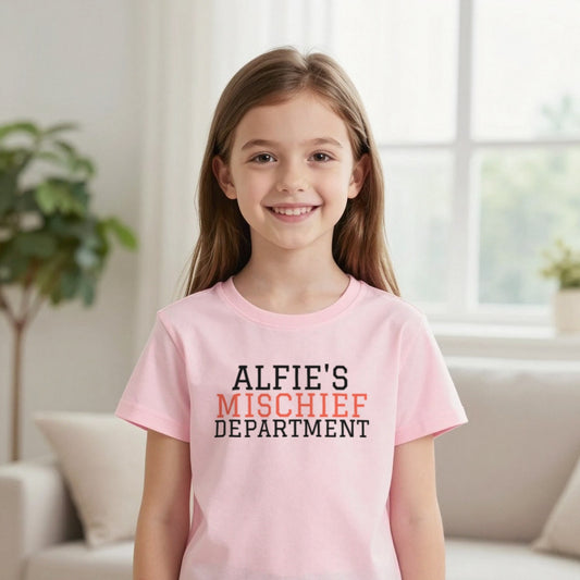 Kids Personalised Mischief Department T-Shirt & Sweatshirt T-Shirt in Light Pink, worn, our photo