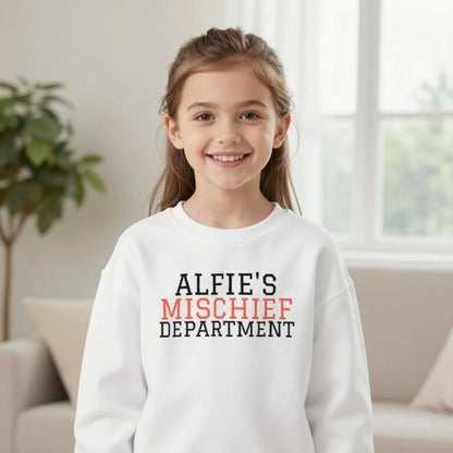 Kids Personalised Mischief Department T-Shirt & Sweatshirt Sweatshirt in White, worn, our photo