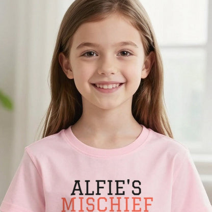 Kids Personalised Mischief Department T-Shirt & Sweatshirt print close-up, our photo