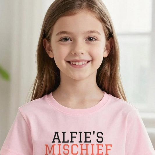 Kids Personalised Mischief Department T-Shirt & Sweatshirt print close-up, our photo