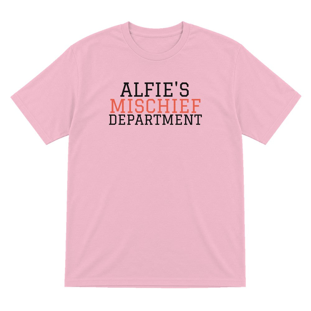 Kids Personalised Mischief Department T-Shirt & Sweatshirt laid flat
