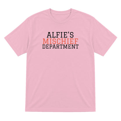 Kids Personalised Mischief Department T-Shirt & Sweatshirt laid flat