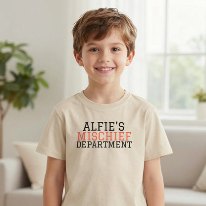 Kids Personalised Mischief Department T-Shirt & Sweatshirt T-Shirt in Sand, worn, our photo