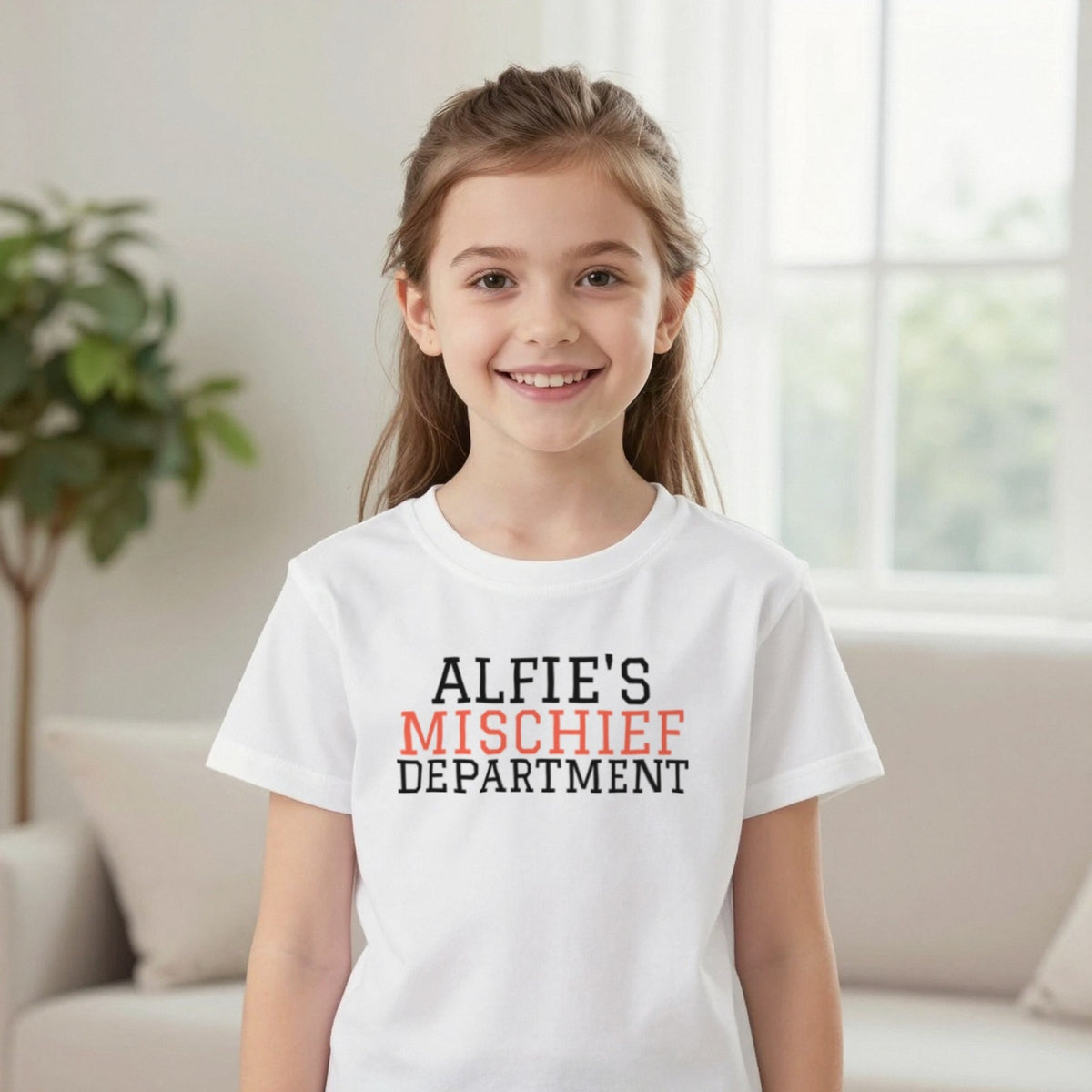 Kids Personalised Mischief Department T-Shirt & Sweatshirt T-Shirt in White, worn, our photo
