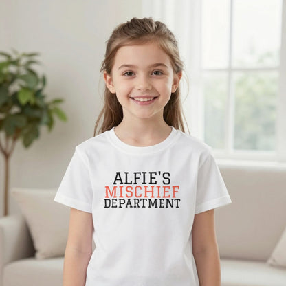 Kids Personalised Mischief Department T-Shirt & Sweatshirt T-Shirt in White, worn, our photo